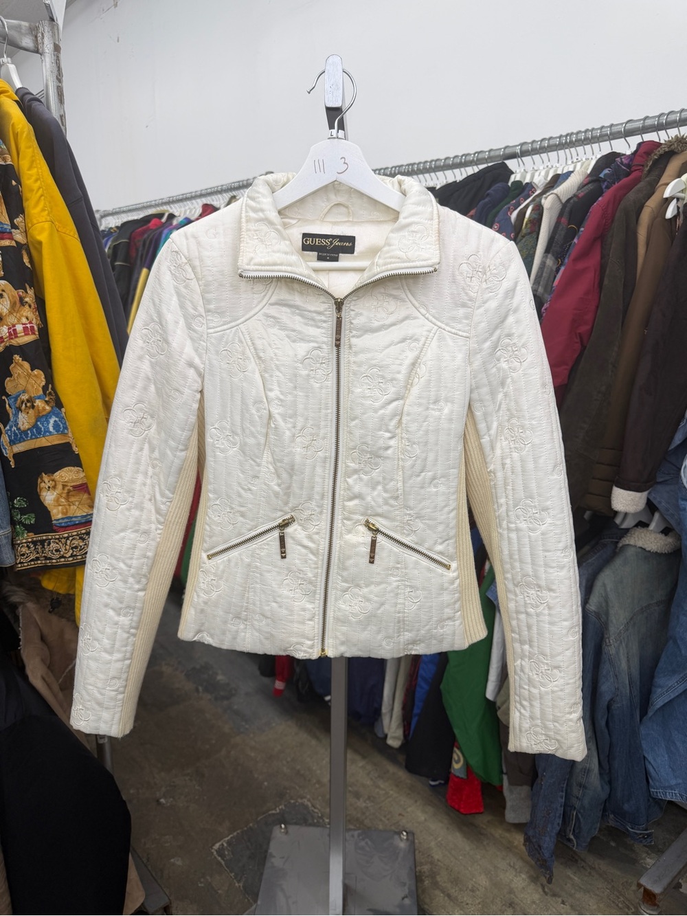 Y2K Guess All-Over Embroidered Quattro G Monogram Knit Full Zip White Sweater